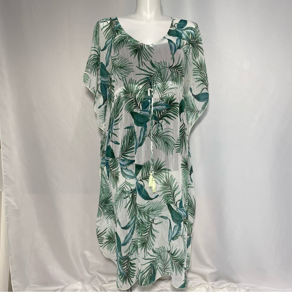 Kona Sol White Sheer Tropical Leaf Swim Coverup with Green Palms
